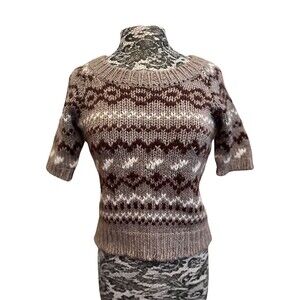 Sundance Fair Isle Wool Sweater Chunky Knit Short Sleeve Beige Brown‎ White XS